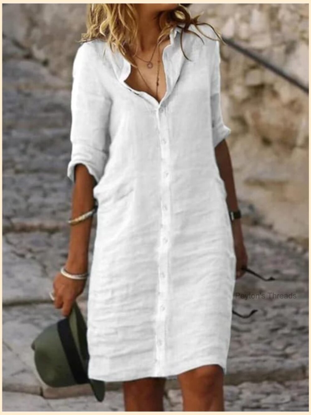 Women's Cotton Linen Midi Shirt Dress Button Down Half Sleeve V-Neck A-Line - Picture 2 of 2